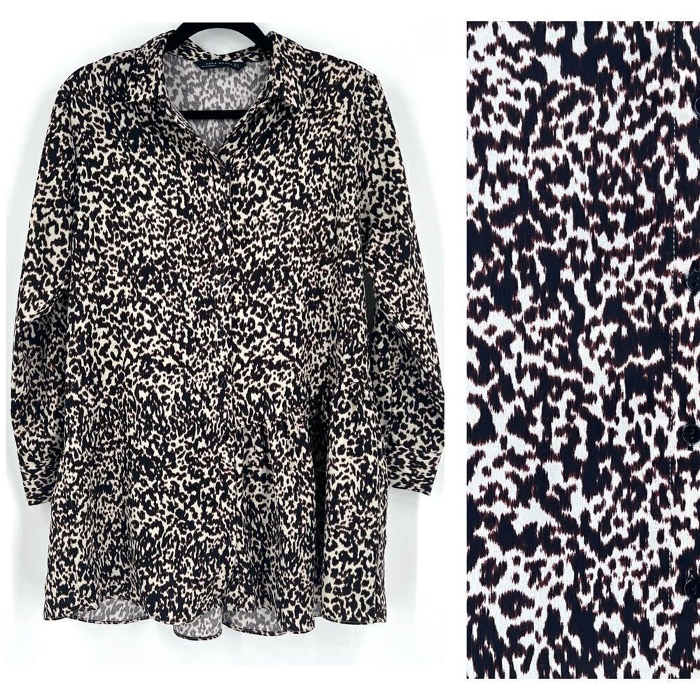 Zara Woman Cheetah Peplum Tunic Length Button Down Blouse medium